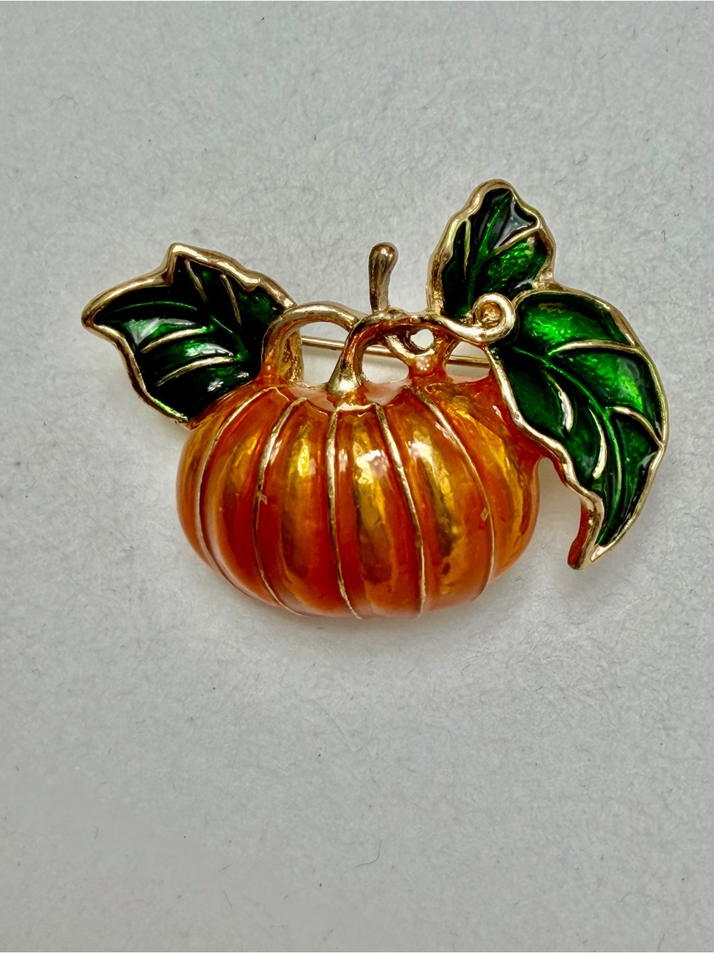 Orange Pumpkin Brooch with Green Enamel Leaves #H10